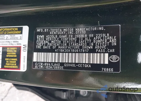 2011 Toyota Camry Xle V6 z USA, uszkodzony, nr VIN 4T1BK3EK1BU617817